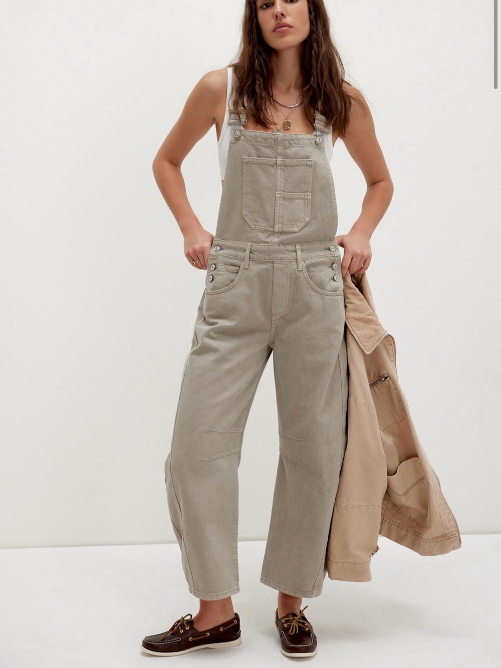 Free People We The Free Good Luck Barrel Overalls size large in Cobblestone